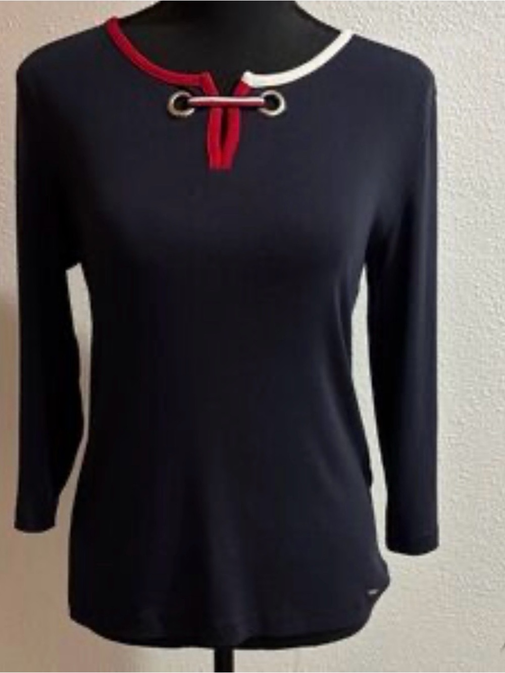 Tommy Hilfiger Navy 3/4 Length-Sleeve Top with Red & White Neck Trim NWOT